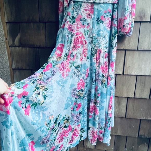 Eliza J Floral Metallic Surplice V Neck Long Sleeve High Low Wrap Maxi Dress 6 - Picture 15 of 16